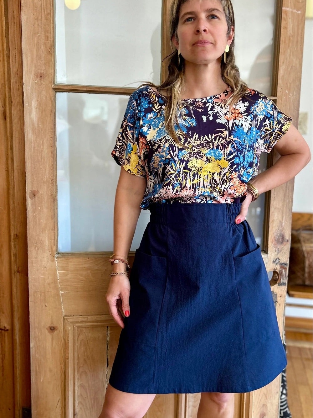 Kazak "Vincenze" Navy A-Line Cotton Skirt - Classic Everyday Style
